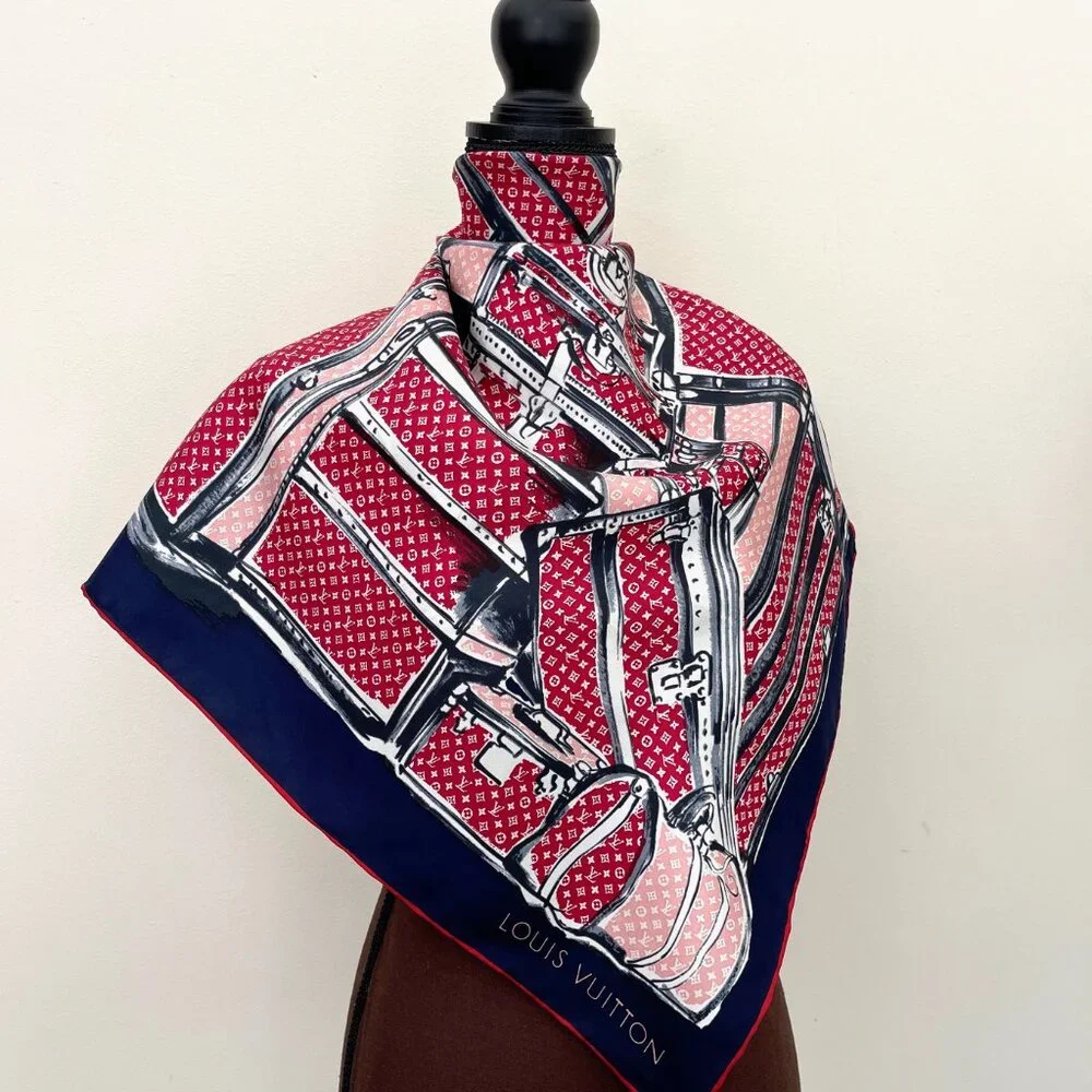 Louis Vuitton Scarf Trunks Luggage Monogram Blue Red Silk Wrap